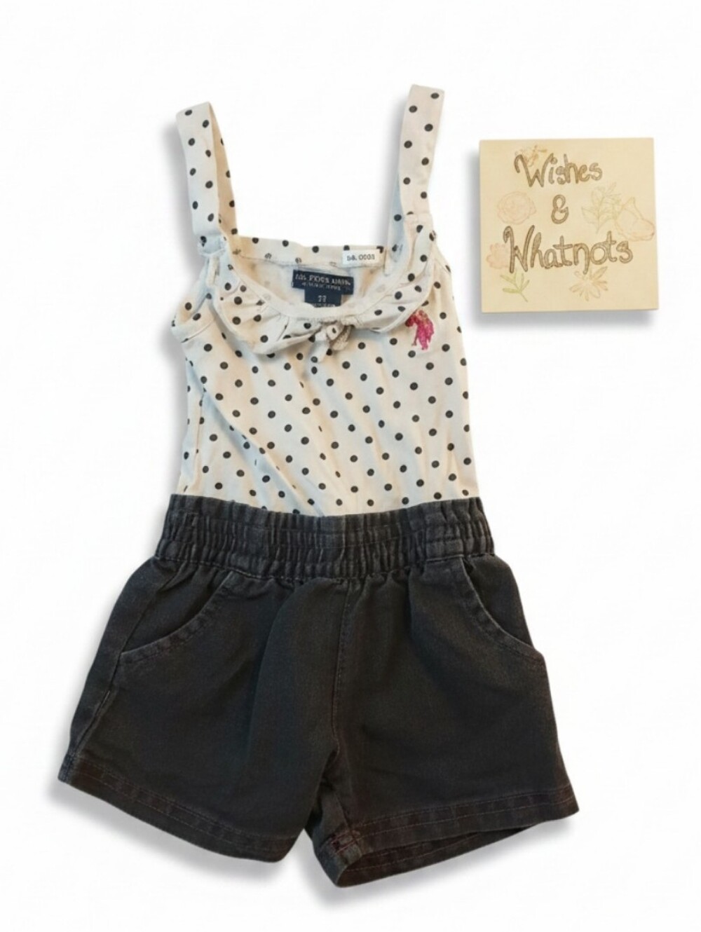 🔥5/$25🔥U.S. Polo Assn. Girls Polka Dot Romper in White, Black & Pink Pony